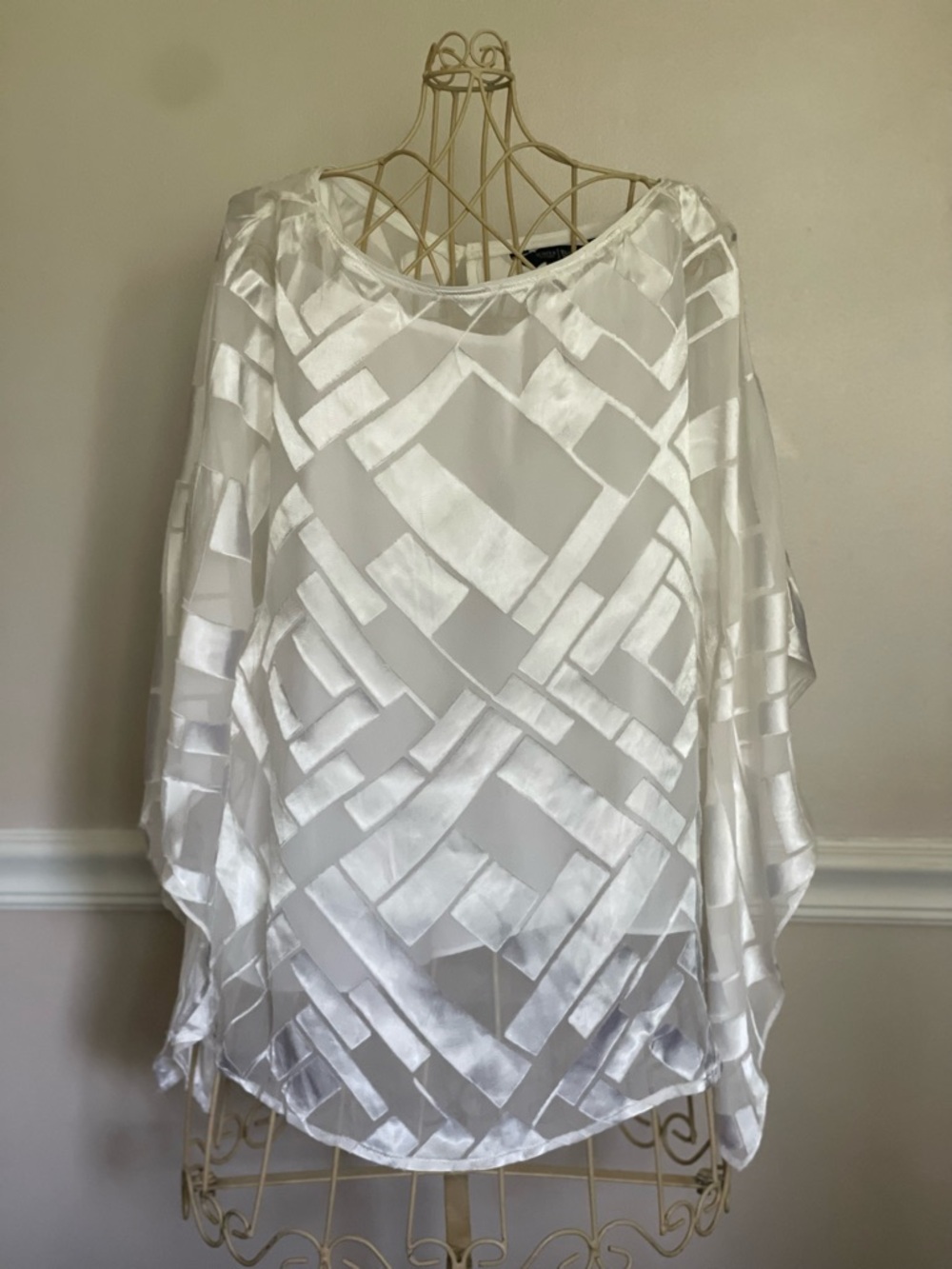 Sheer Satin Inset White Women's Blouse